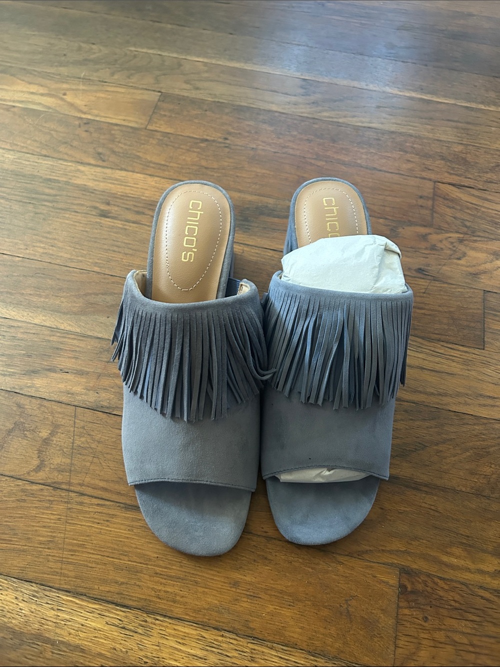 Chico's Blue Lotus Suede Fringe Slide Mules